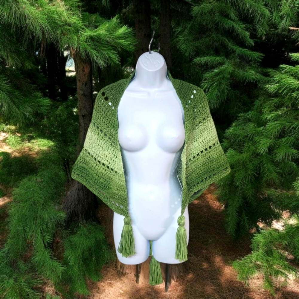 Handknit Goblincore Green Boho Shawl Nature's Forest inspired Cozy Casual Folk